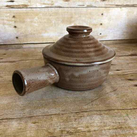 Vintage Rustic Stoneware Steamer Pot with Lid & Handle - Small Covered Dish - Picture 1 of 9
